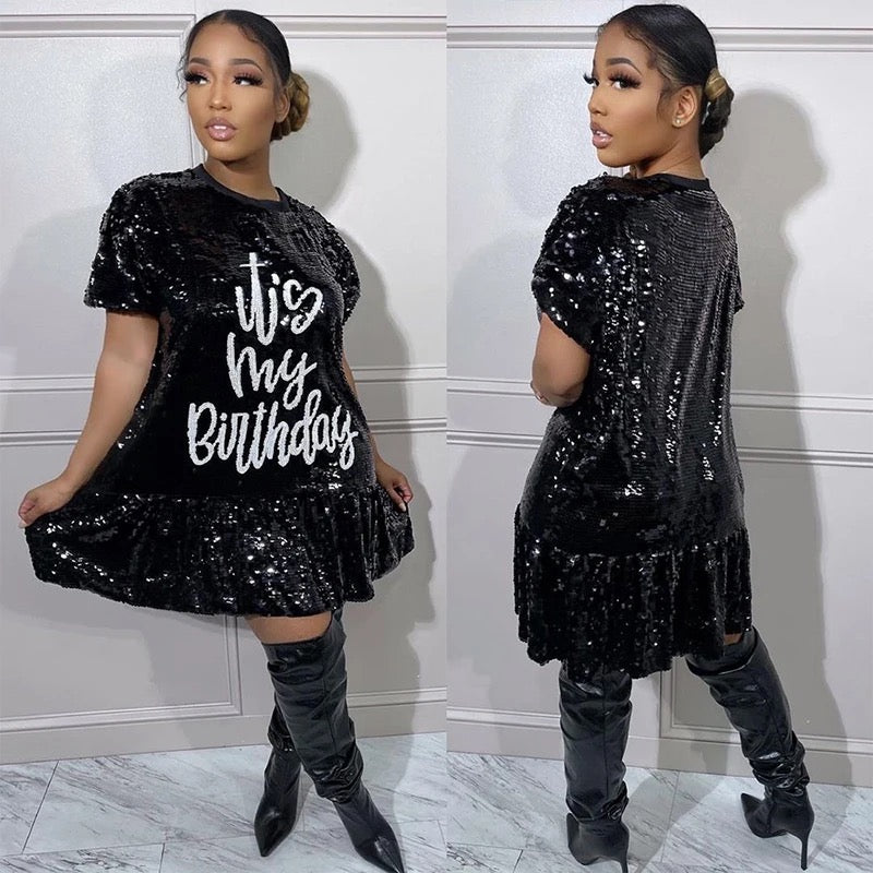 birthday shirt dress for women It's My Birthday Sequin T-Shirt Party Dress Black / One size