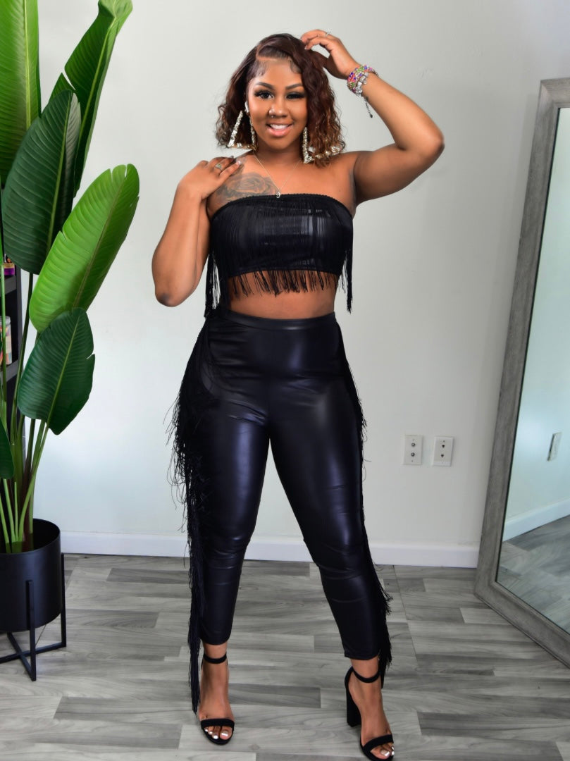 Sexy Tassel Strapless Top Slim-Fit Trousers Two-Piece Nightclub Suit